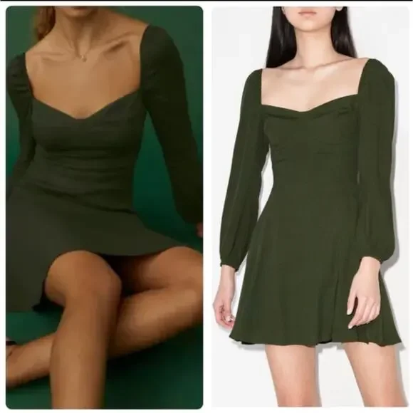 Reformation Mochi Mini Dress Olive Green Dark Khaki Size 12 - Picture 1 of 8